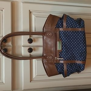 Chaps Purse Blue With White Dots Fabric and Leather Trimming